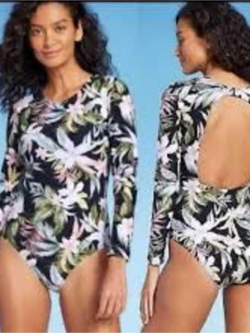 Kona Sol Black Tropical Leaf Long-Sleeve One-Piece Swimsuit
